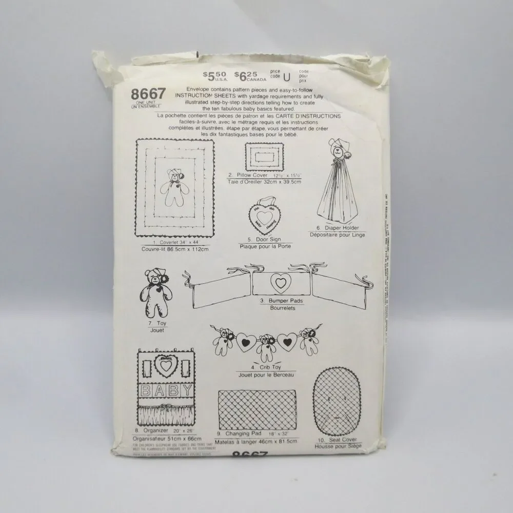 Simplicity 8667 Baby Nursery Decor Set One Size 1988 Vintage